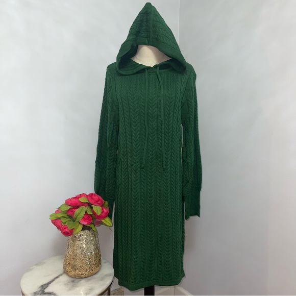 Eliza J Hunter Green Cable Knit Drawstring Hood Sweater Dress- New - Reemoly - Picture 4 of 15